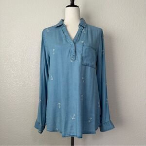 Life Style 100% Tencel Chambray Anchor Quarter Button Top